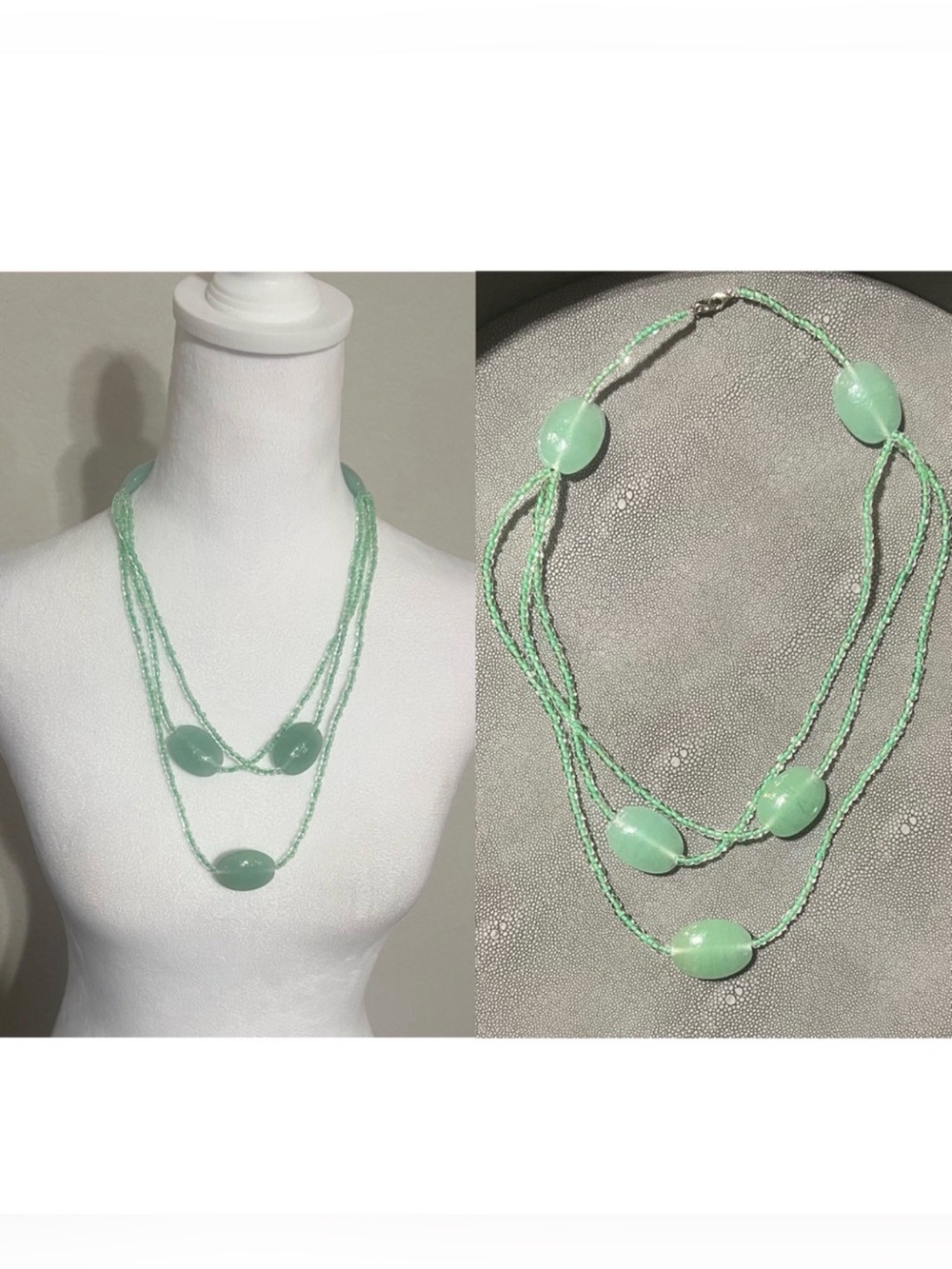 NEW Hand Crafted Oval Stone Beaded Green Layered Necklace